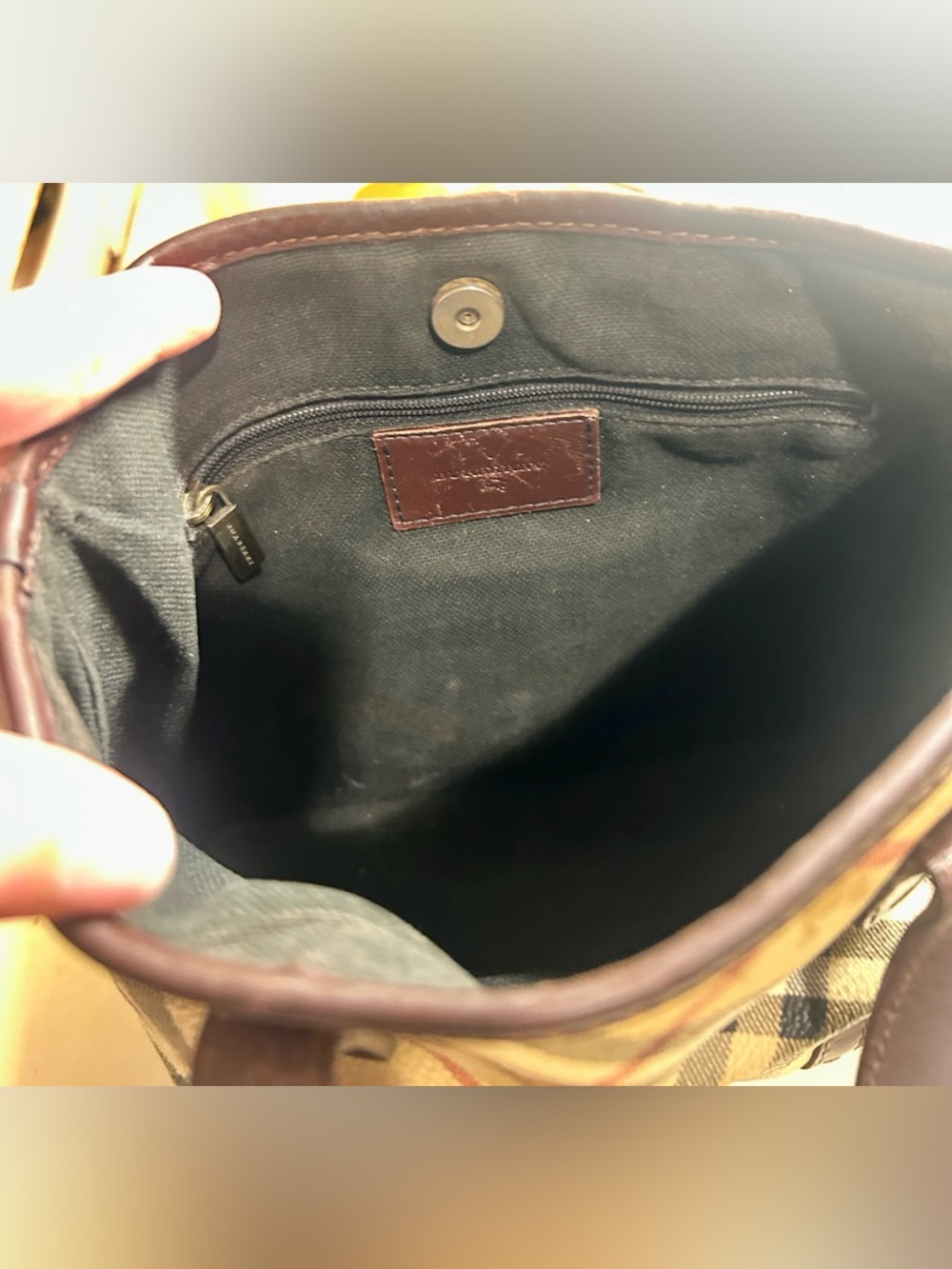 BURBERRY VTG Y2K Haymarket Coach Mini Tote Handbag Top Handle Leather Brown Tan - Picture 8 of 16